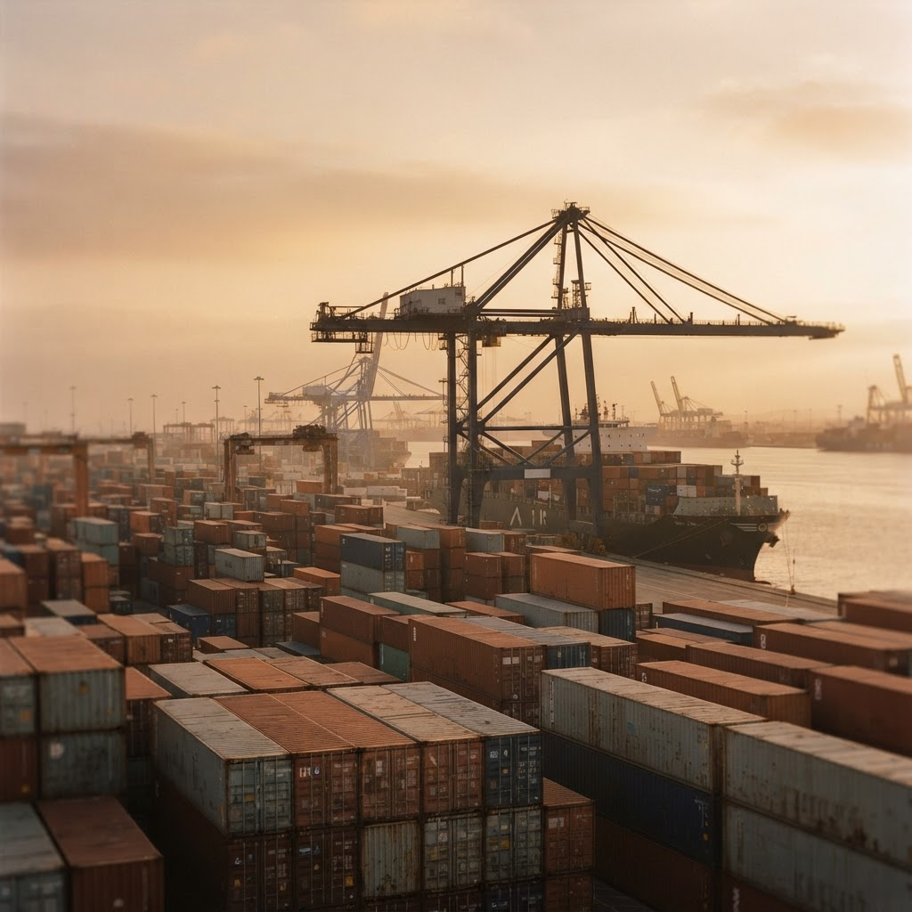 Cargo containers stacked at a shipping port at golden hour