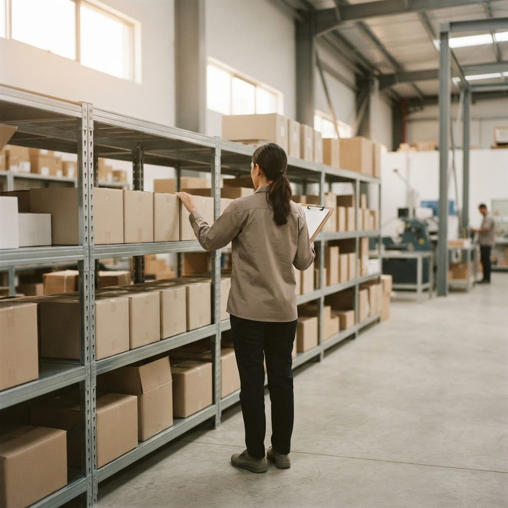 An AhiaChina inspector with a clipboard checking boxed goods on warehouse shelving inside a manufacturing facility